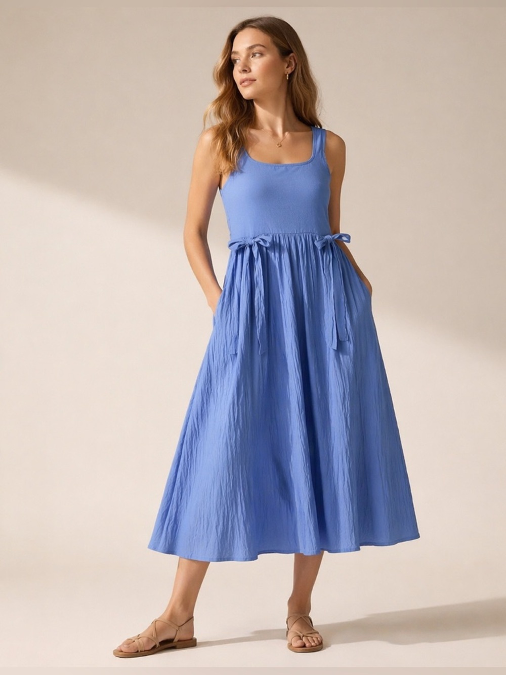 AERIE Blue Midi Sundress Lined Pocket Dress NWT Cottagecore XS